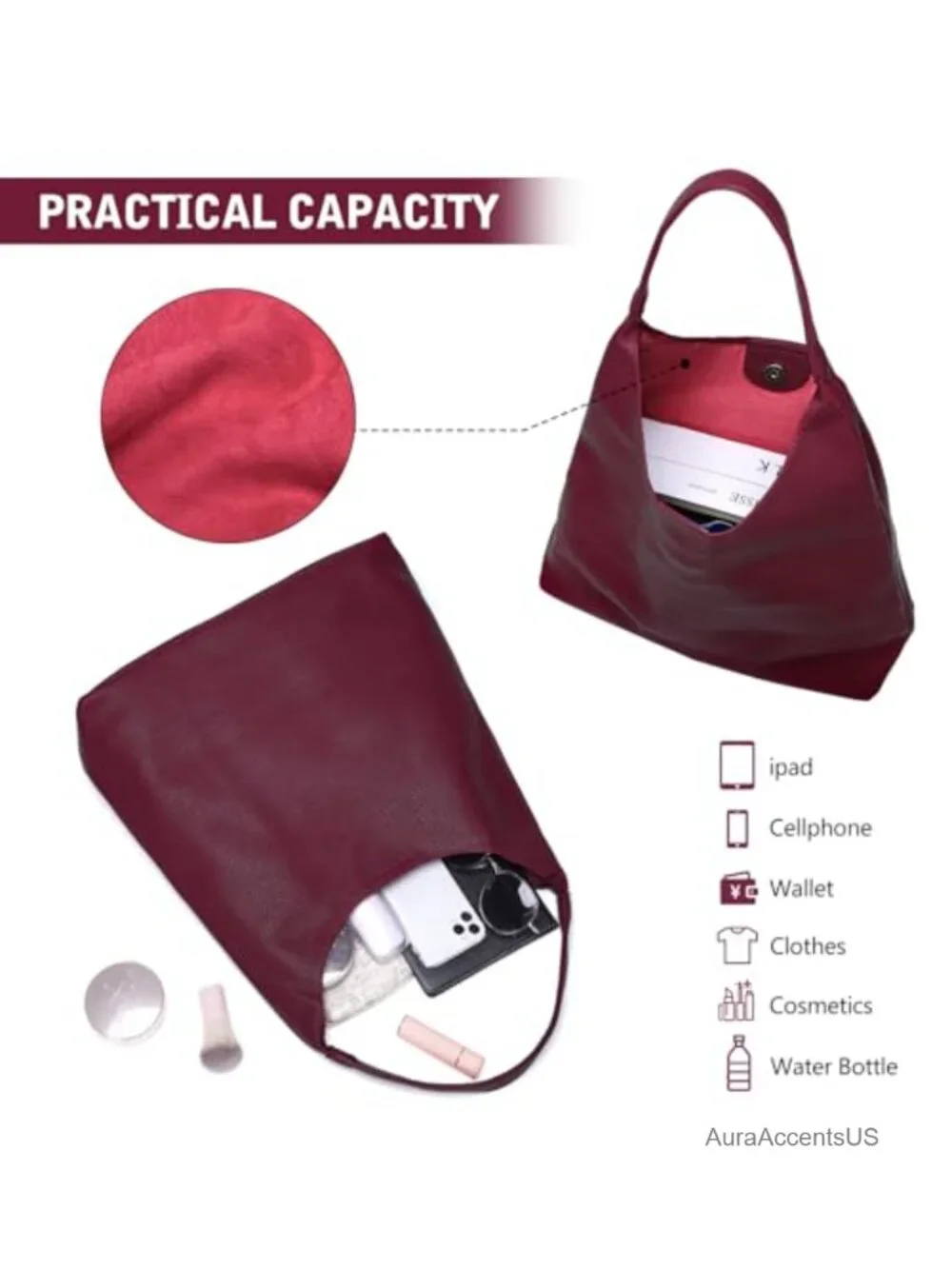 Hobo Bags for Women Soft Vegan Leather Slouchy Tote Shoulder Handbag Work Travel